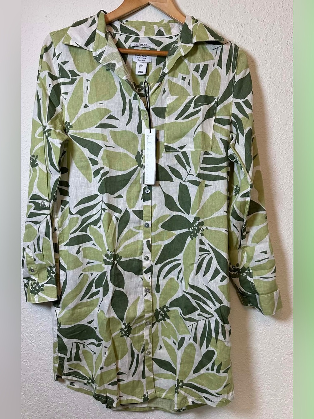 Nicole Miller Linen Green Leaf Print Button-Front Tunic Shirt Dress
